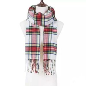 White Red Green Multi Plaid Long Scarf Fringe New
